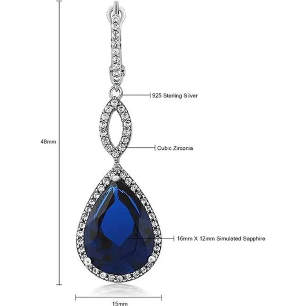 20.0 Ct Tw Sterling Silver 925 Sapphire Bridal Chandelier Teardrop Earrings